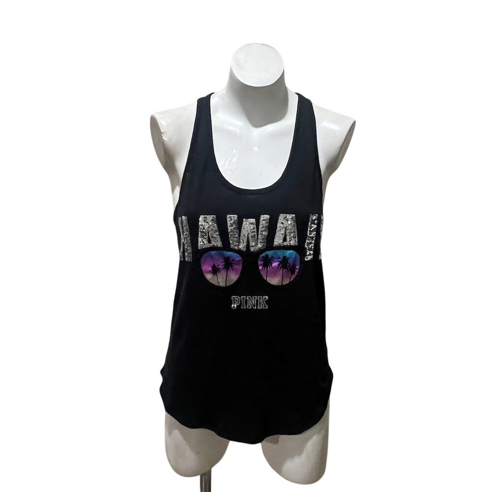 PINK Victoria's Secret Tank Top Womens M Black Hawaii Sequin Graphic